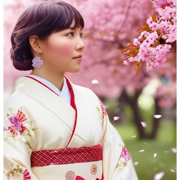 Sakura Cherry Blossom Crochet Earrings Handmade Fish Hook Hypoallergenic - Picture 4 of 4